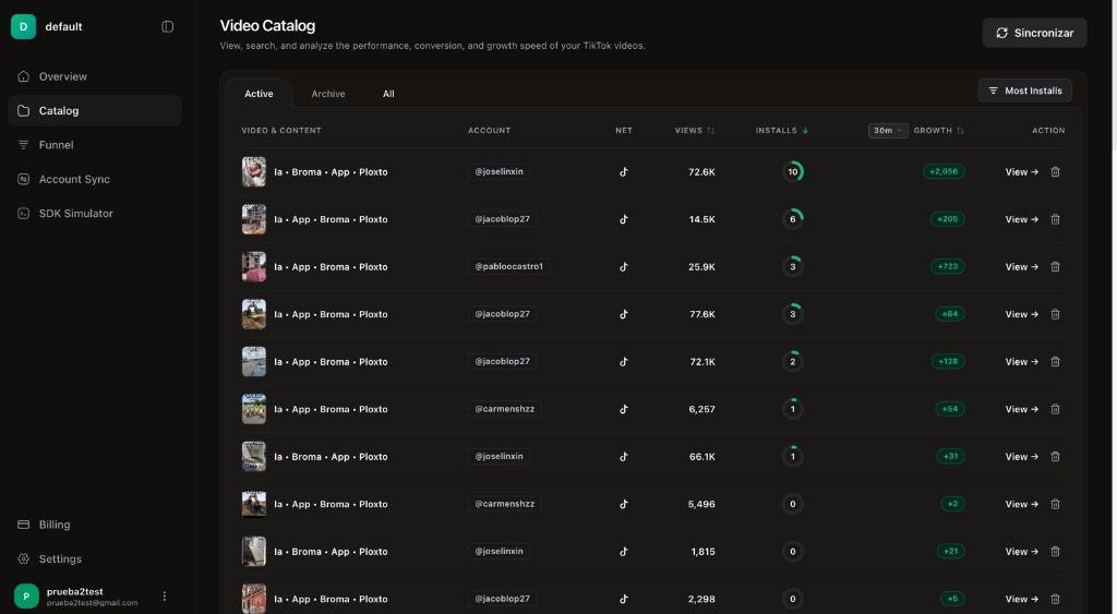 Organiq TikTok Video Catalog & Real-Time Installs Dashboard